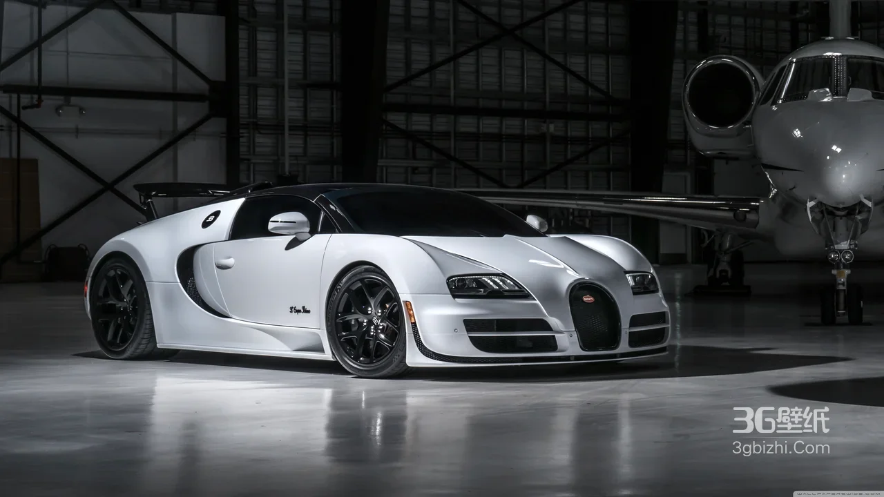 布加迪威龙·银白超跑 机库私人飞机旁·写实科技风 宽屏车机壁纸1