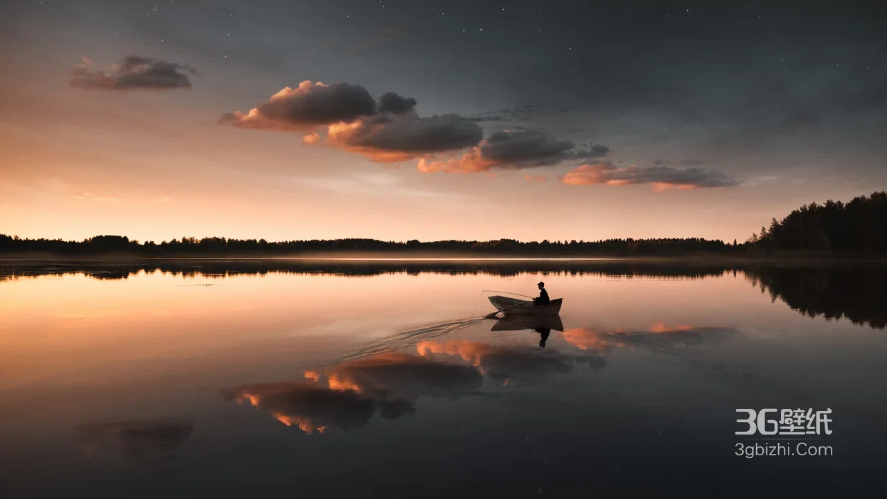 孤舟垂钓者·静谧唯美风 晚霞湖泊电脑壁纸1