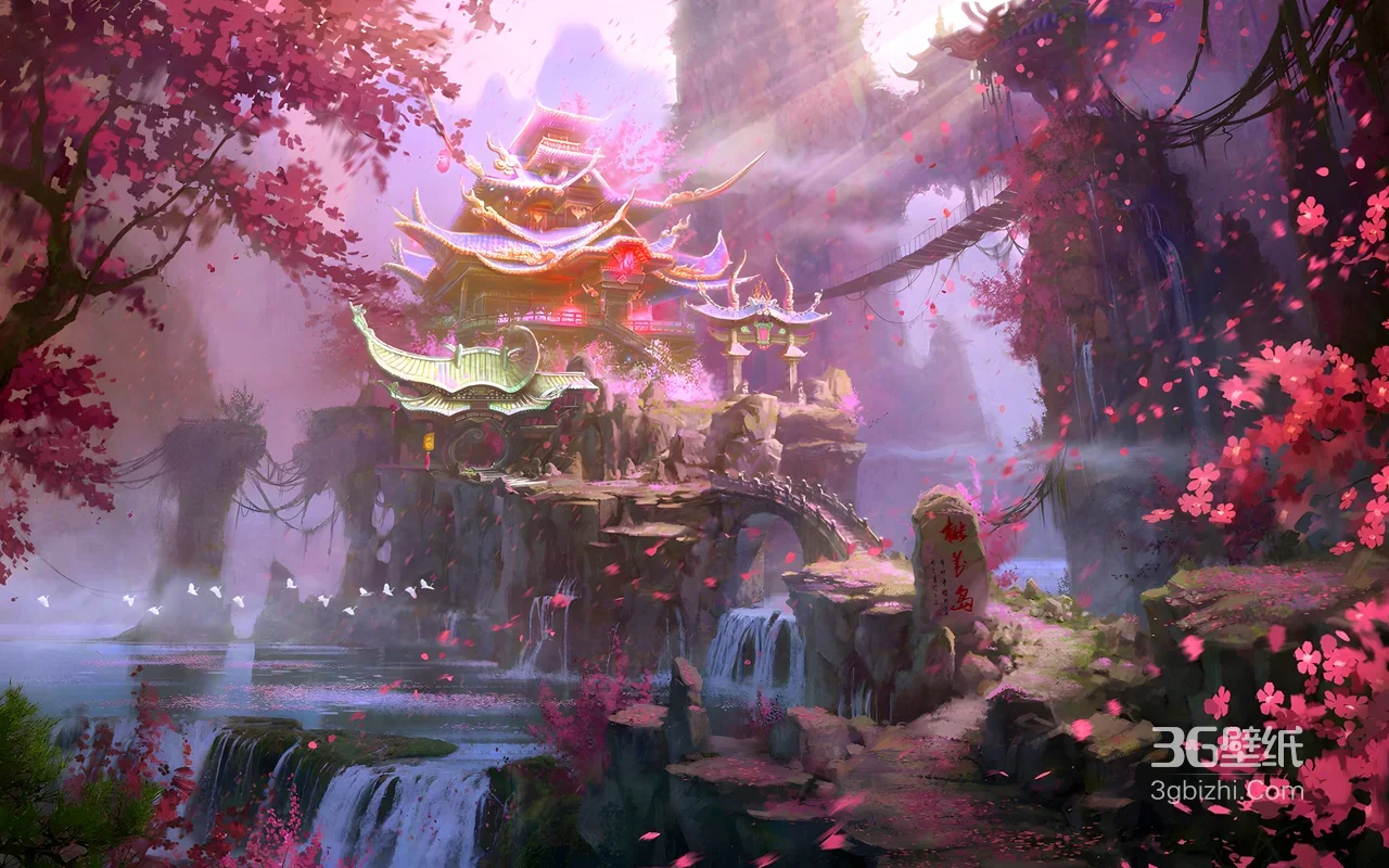 桃花岛古风仙侠建筑群·唯美国风 宽屏高清壁纸1