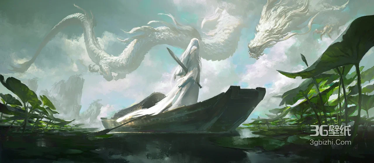 白衣剑者·白龙莲池扁舟 国风仙侠宽屏电脑壁纸1