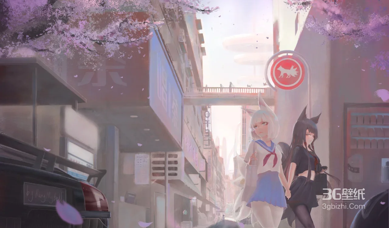 白发狐耳+黑发狼耳少女·赛博樱花都市·唯美二次元电脑壁纸1