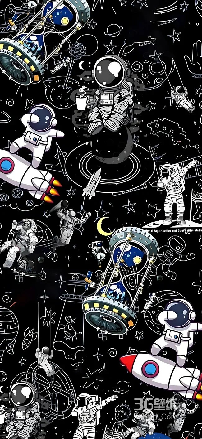 卡通涂鸦风太空宇航员火箭沙漏手机壁纸 科幻探索壁纸1