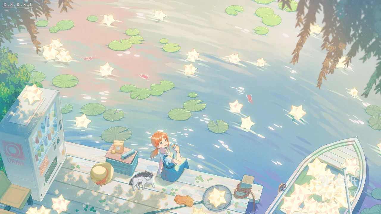 红发女孩与猫咪·星光湖泊木栈道·唯美二次元治愈系电脑壁纸（原创插画风）1