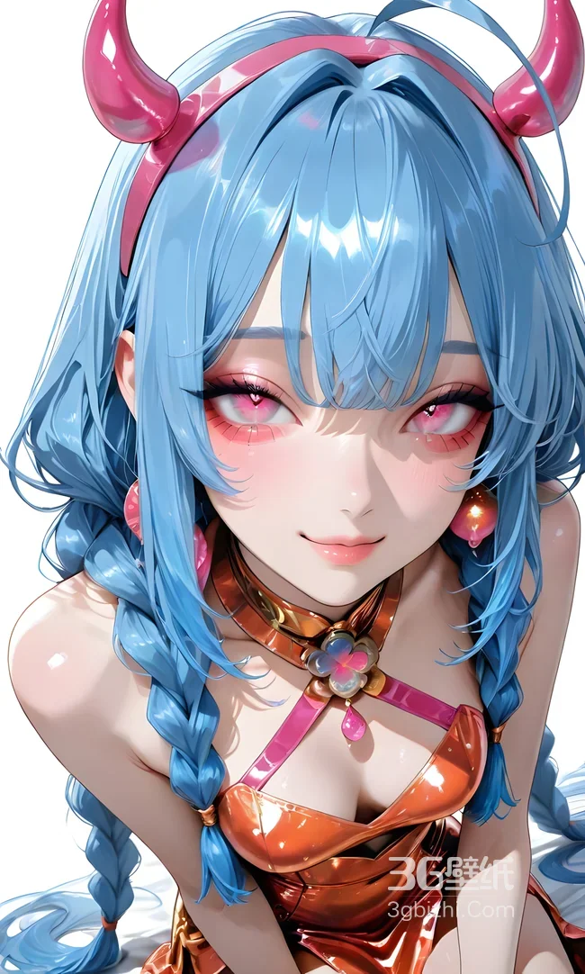 蓝发粉瞳恶魔角少女·二次元动漫风·原创超人气手机壁纸1