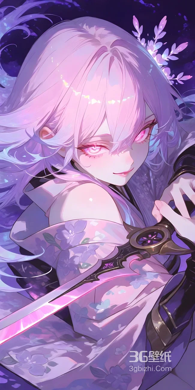 银发粉眼持剑少女·二次元古风唯美 古风玄幻手机壁纸1