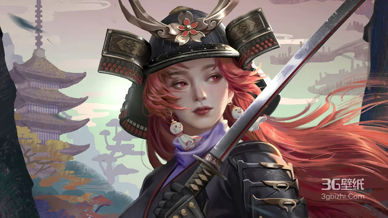 红发武士姬·日式盔甲太刀 和风写实游戏风宽屏壁纸1