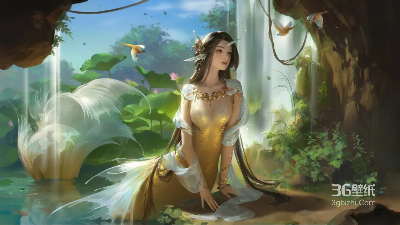 国风唯美鲛人·金鳞白羽 荷塘瀑布游戏原画电脑壁纸1