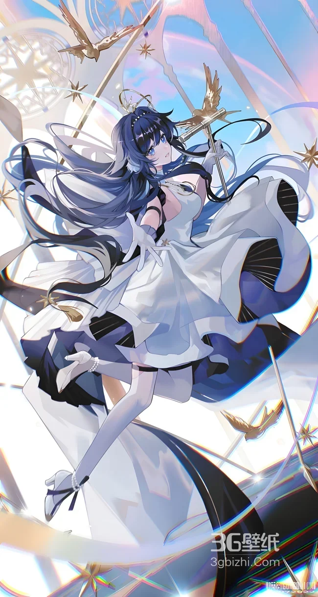 蓝发白衣少女·持杖雀绕 唯美二次元插画 手机壁纸1