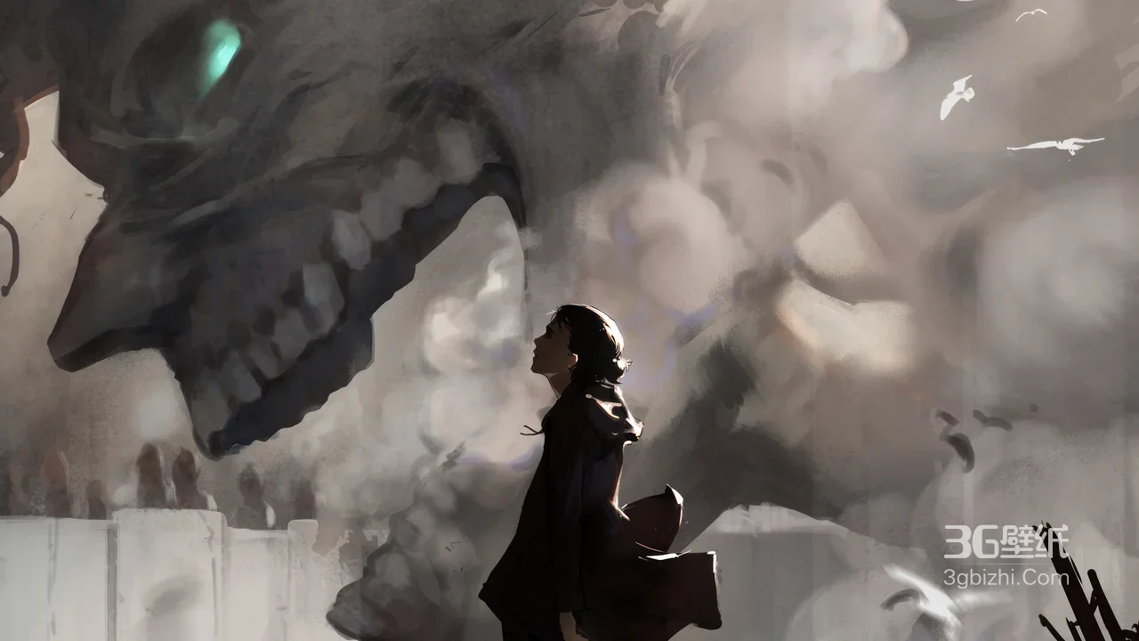 神秘人物对峙巨型骷髅 暗黑写实概念艺术电脑壁纸1