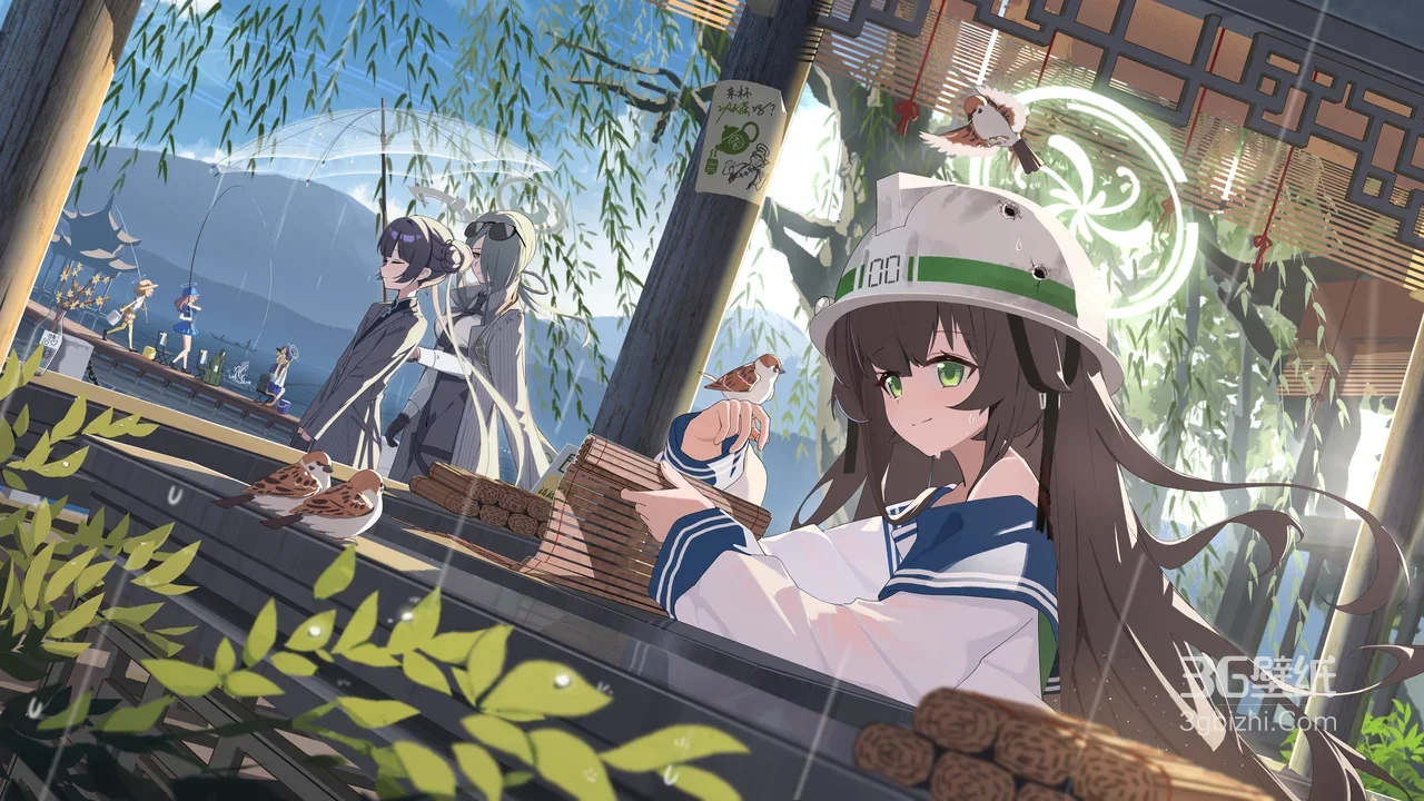 国漫游戏风 绿眸水手服少女 雨天古风庭院 电脑壁纸1