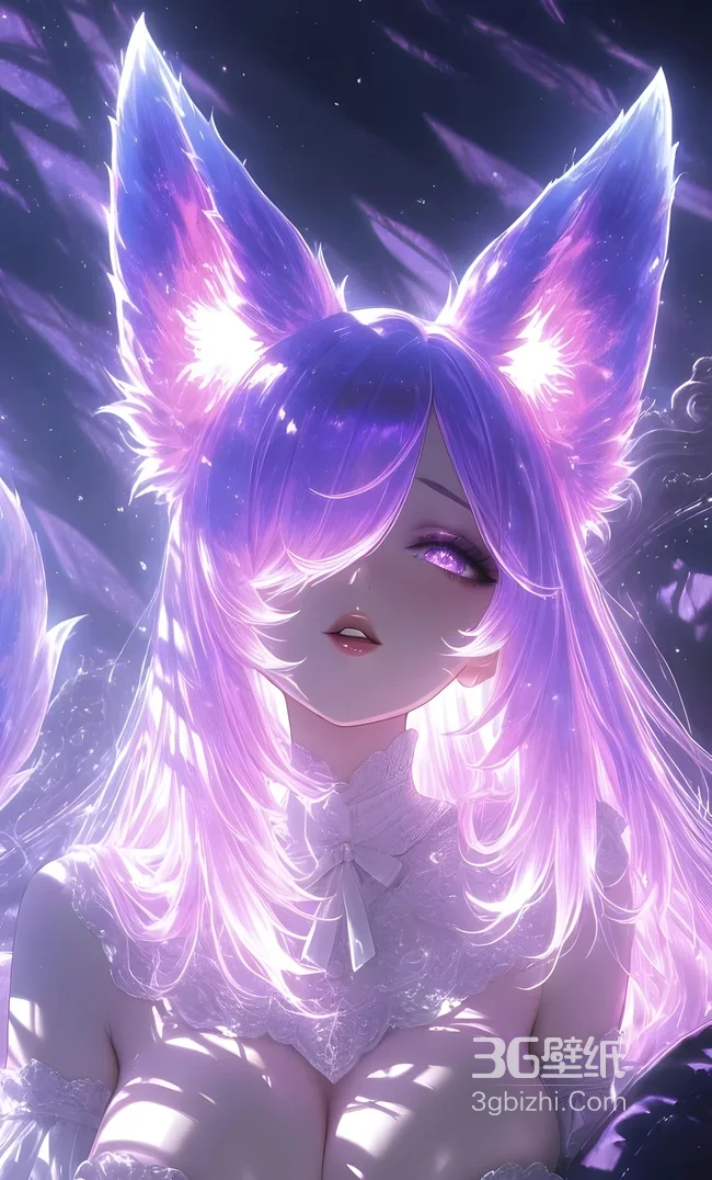 梦幻狐耳少女·紫发紫瞳蕾丝装 二次元唯美手机壁纸1