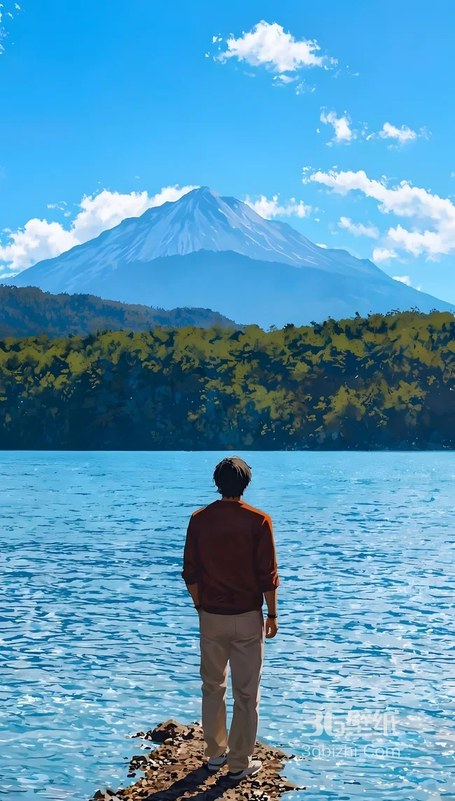 男子湖岸眺雪山森林·二次元唯美动漫风手机壁纸1