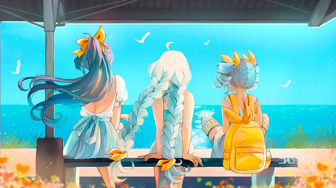 三动漫少女·海边凉亭小憩·唯美国漫风 清新治愈电脑壁纸1