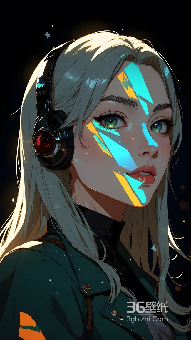 赛博朋克二次元少女·霓虹光影耳机 赛博风手机壁纸1