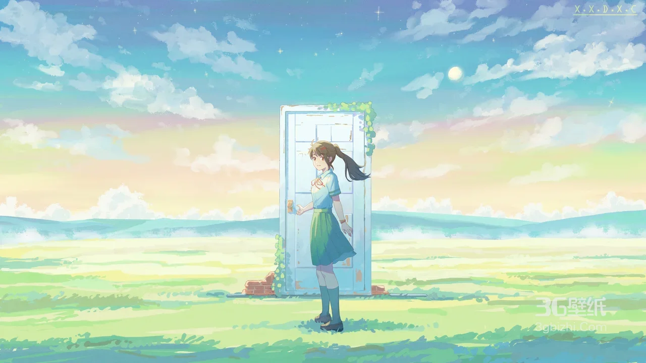 扎马尾少女·门畔草原 唯美清新国漫风电脑壁纸1