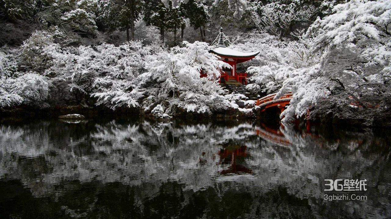 日式红亭桥·雪景湖泊倒影 日系唯美冬季禅意电脑壁纸1