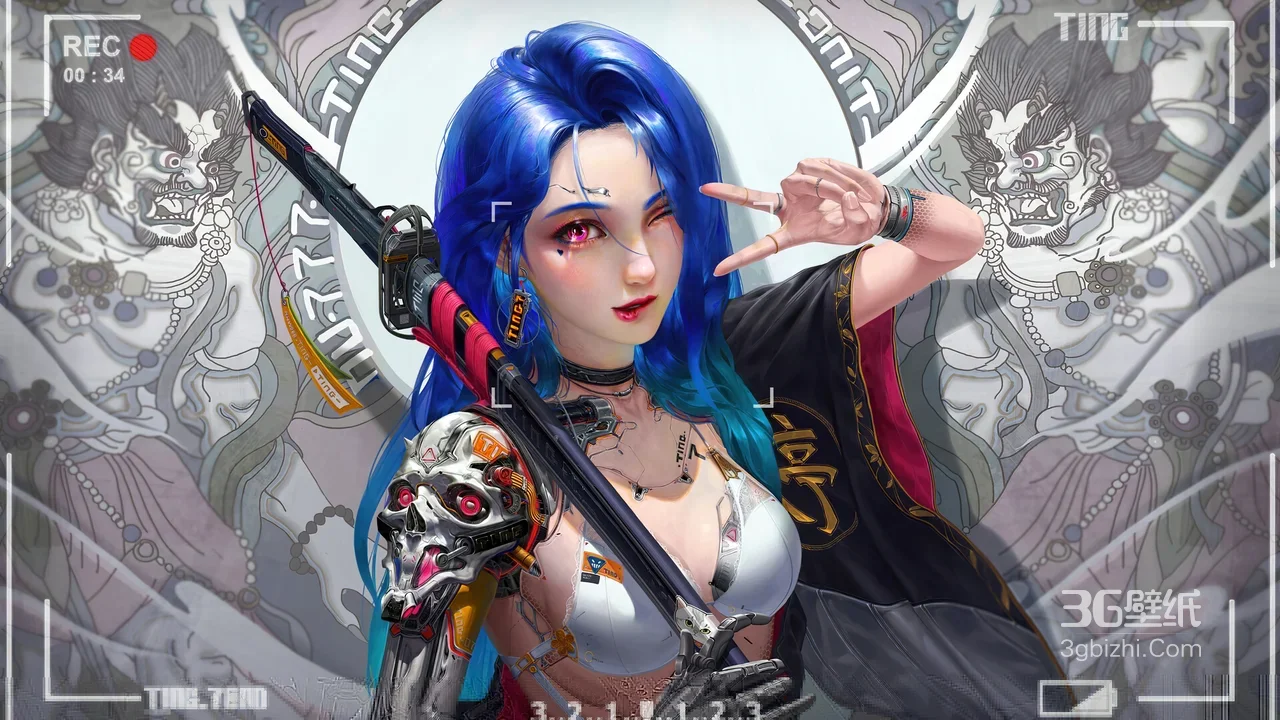赛博国风蓝发机械臂少女·粉瞳持械 潮流电脑壁纸1