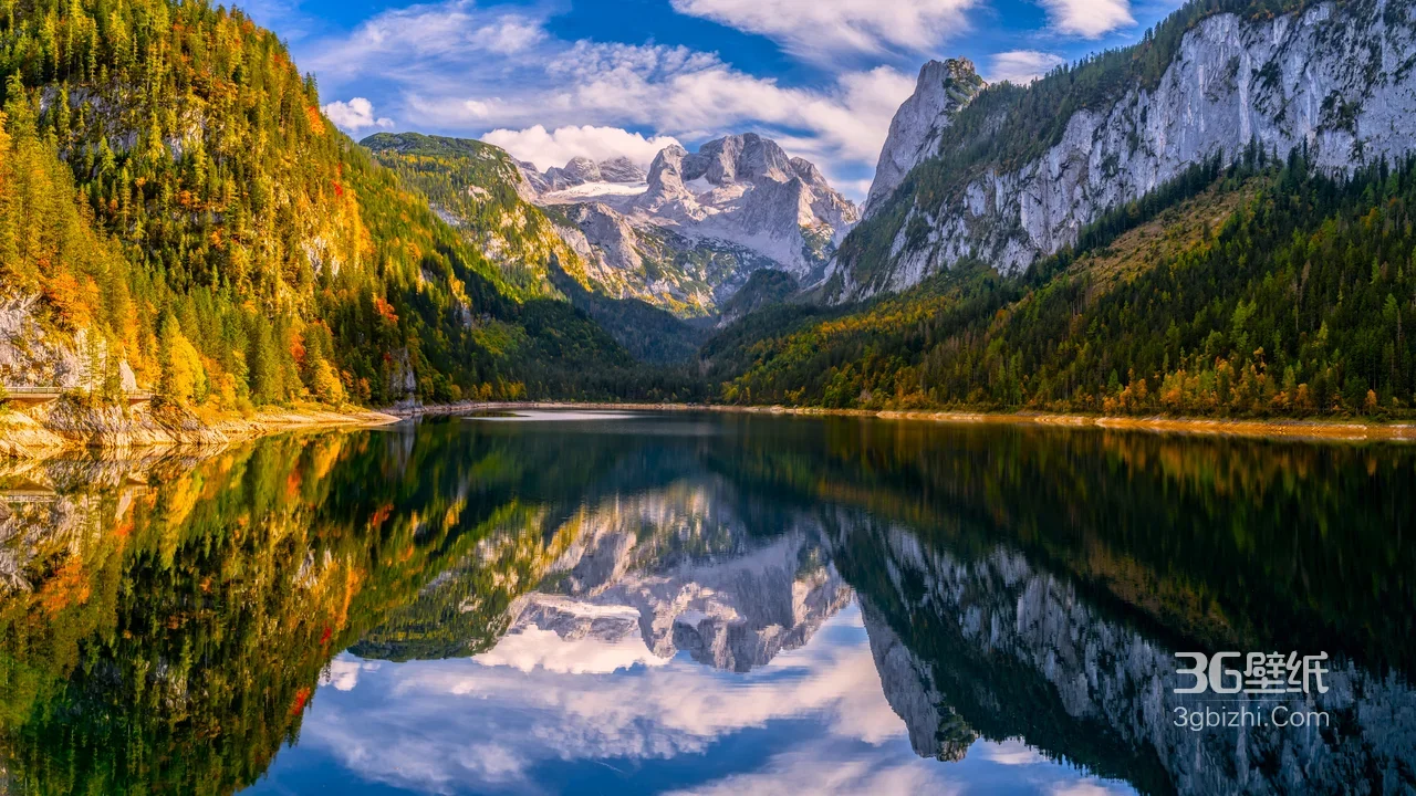 秋林雪山湖泊倒影·唯美写实 自然风景电脑壁纸1