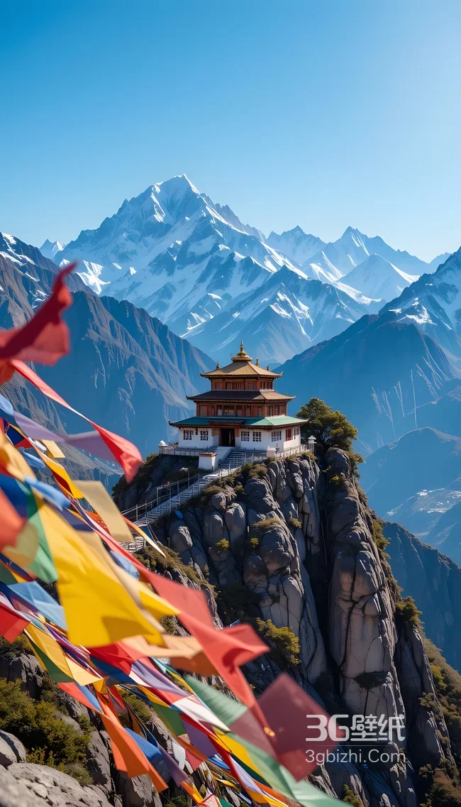 雪山藏寺经幡·唯美国风藏地秘境 藏式金顶壁纸1