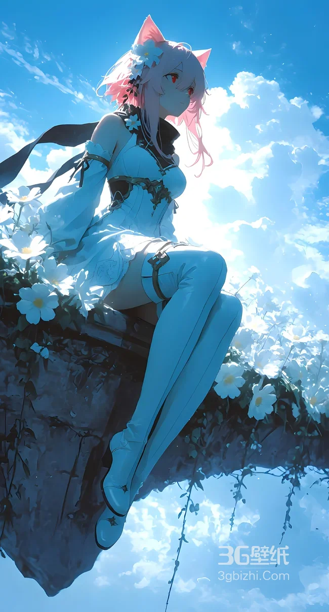 粉发猫耳红瞳少女 唯美二次元风 二次元高人气手机壁纸1