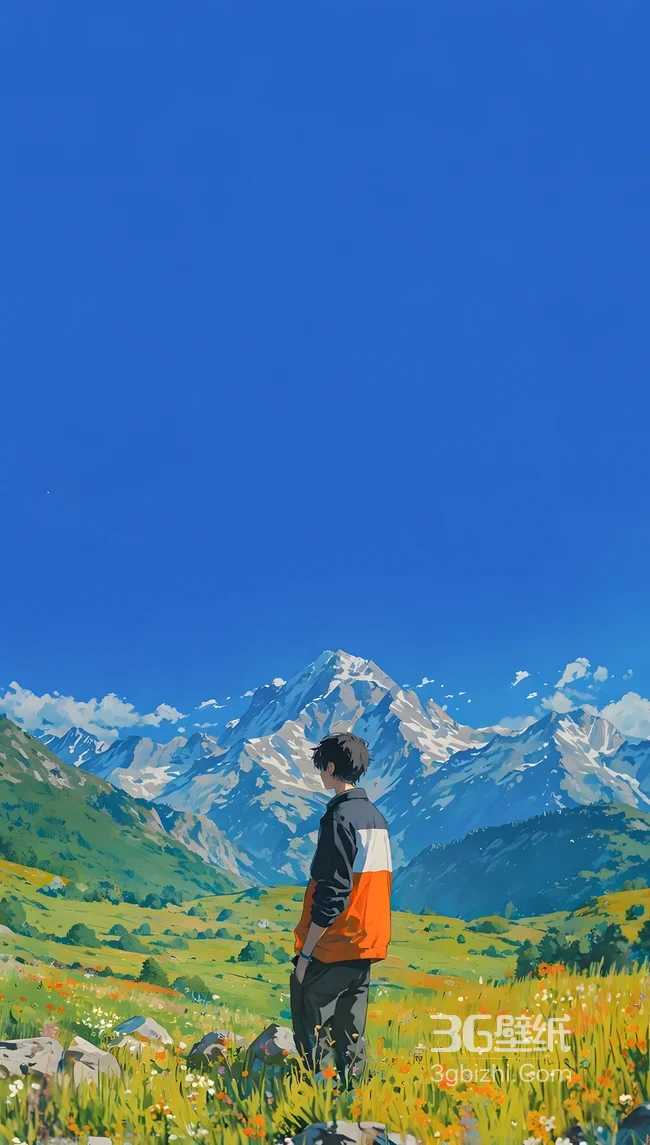 少年眺望雪山花海·二次元唯美插画·治愈系手机壁纸1