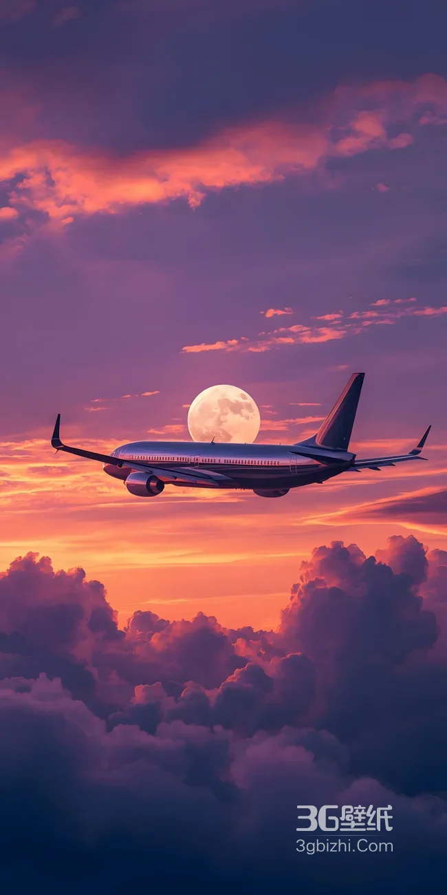 客机穿满月云海·唯美梦幻风 超现实飞行壁纸1