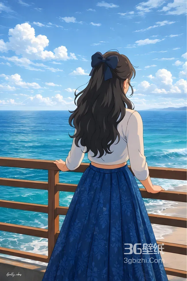 黑长卷女孩·蓝裙 日系动漫风海边治愈壁纸1