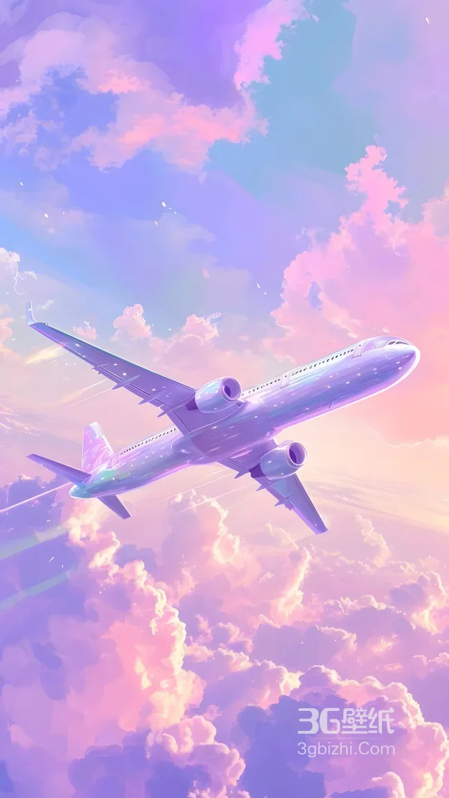 梦幻粉紫飞机·唯美插画风 治愈天空旅行壁纸1