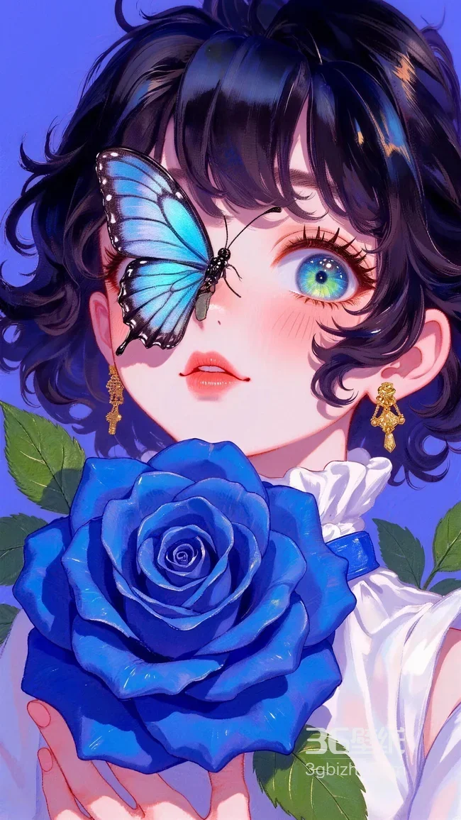 动漫少女·蓝蝶蓝玫瑰 唯美手绘风 治愈手机壁纸1