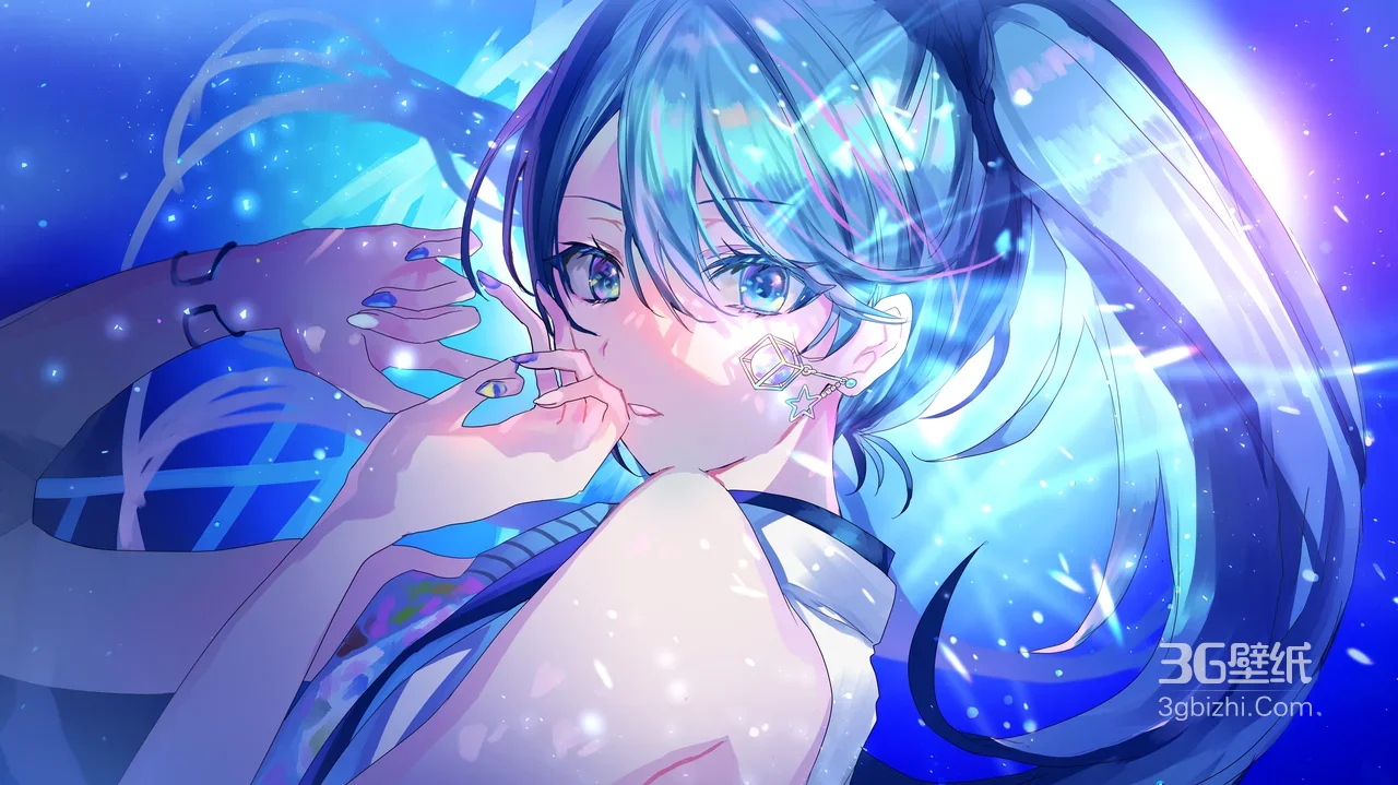 蓝发马尾少女·二次元唯美 梦幻星光桌面背景1