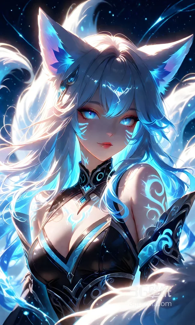 狐耳九尾少女·蓝焰幻光 唯美游戏风手机壁纸1