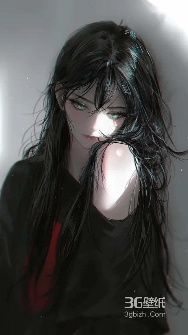 黑长直绿眼少女·暗黑写实风原创插画 高人气手机壁纸1