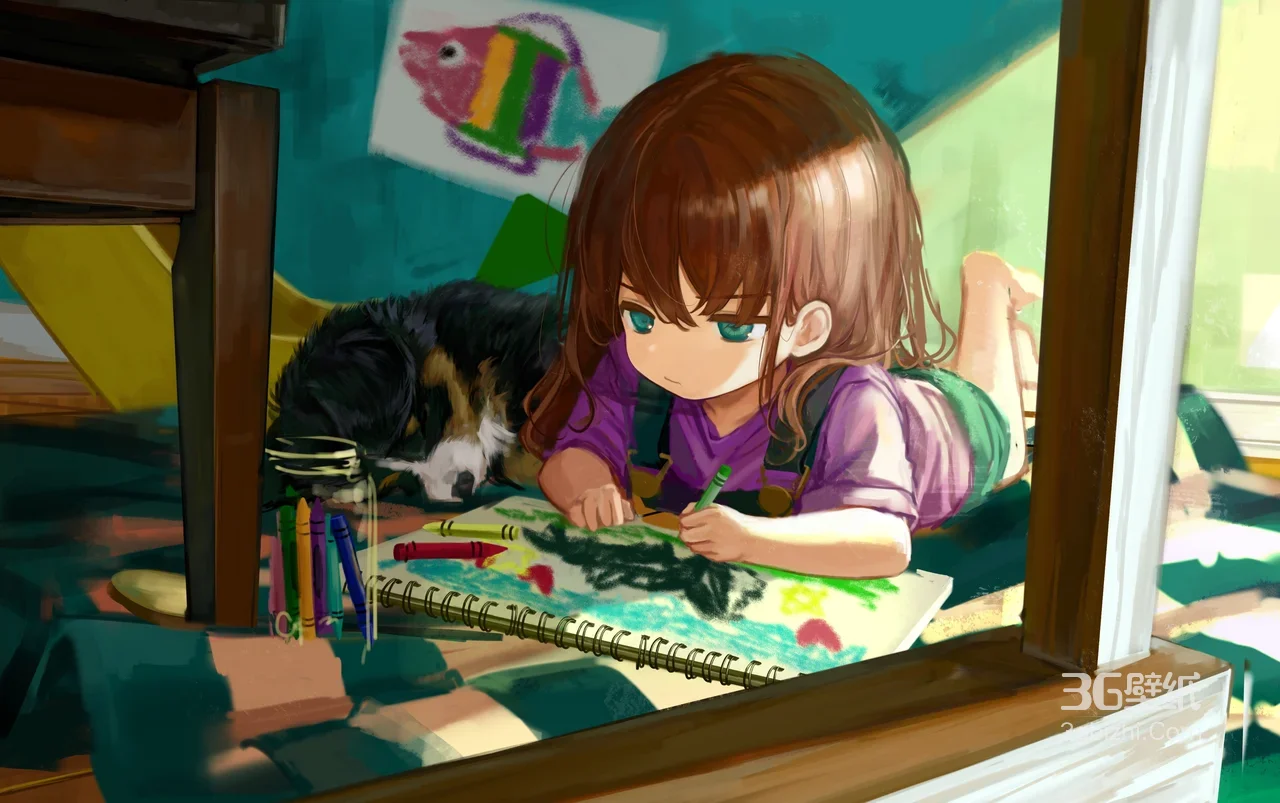 绘画的小女孩与狗狗·二次元治愈风 温馨童趣电脑壁纸1