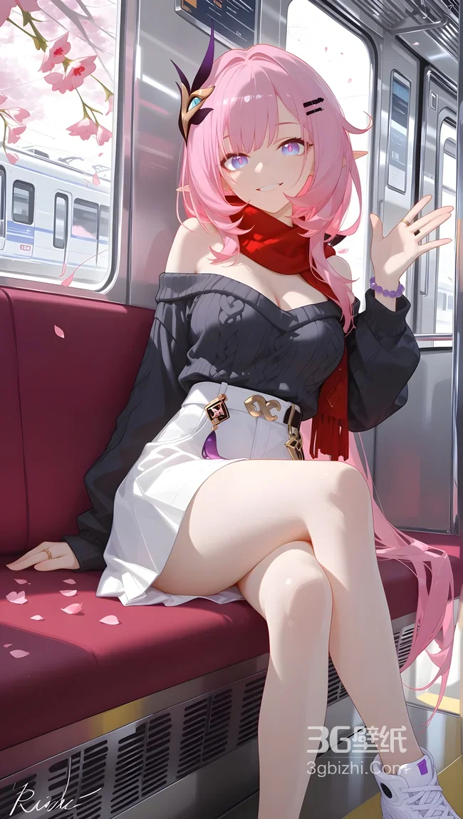 二次元粉发少女·地铁樱花 日系唯美手机壁纸推荐1