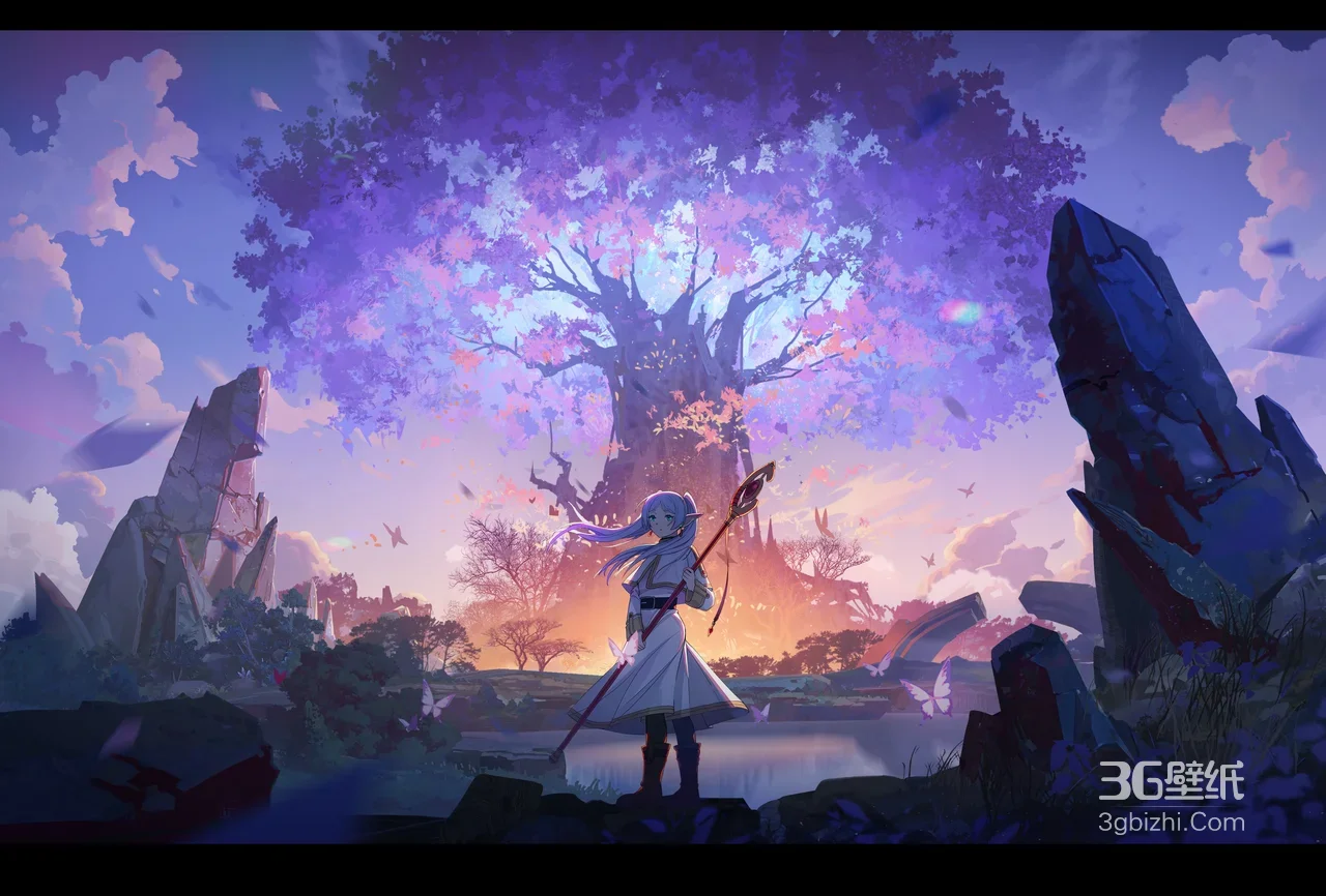 蓝发精灵法师持杖·奇幻紫树废墟 唯美宽屏车机壁纸1