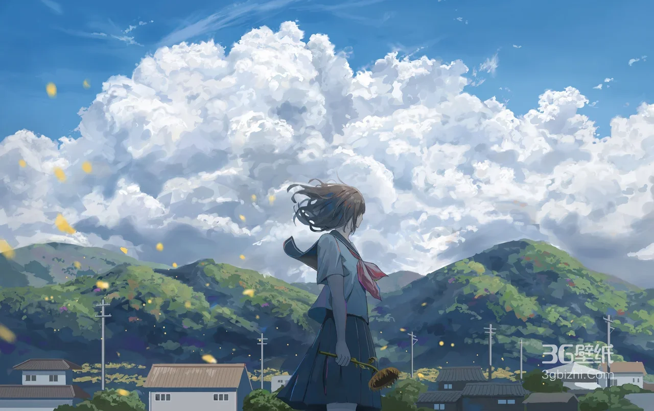 日系唯美动漫少女持花望山景电脑壁纸（插画风）1