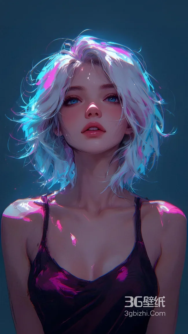 霓虹光效银发少女·赛博朋克写实风原创插画 超火手机壁纸1