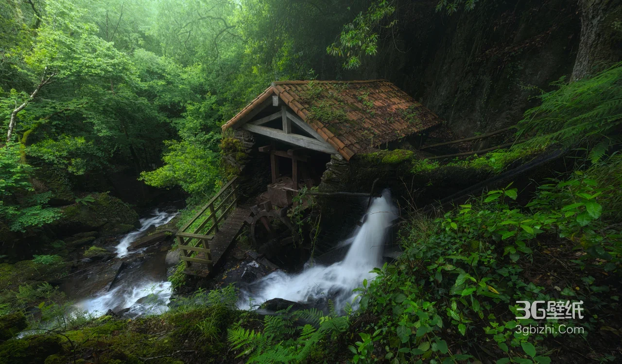 森林瀑布古水车小屋·唯美自然风 电脑壁纸推荐1