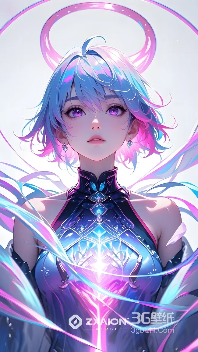 幻彩流光少女·蓝粉渐变发丝+光环 二次元梦幻风（ZXAION VERSE） 高热度竖屏壁纸1