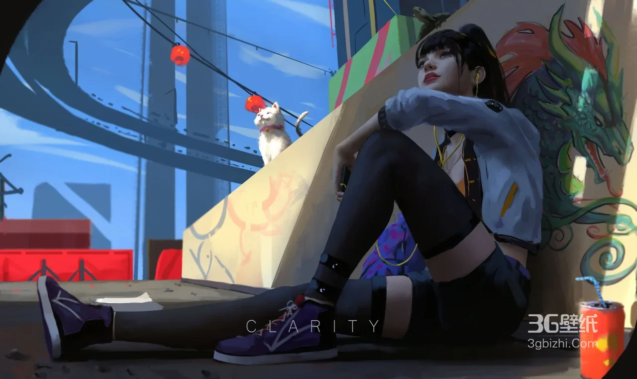 赛博国潮少女·猫咪相伴 原创插画热门电脑壁纸1