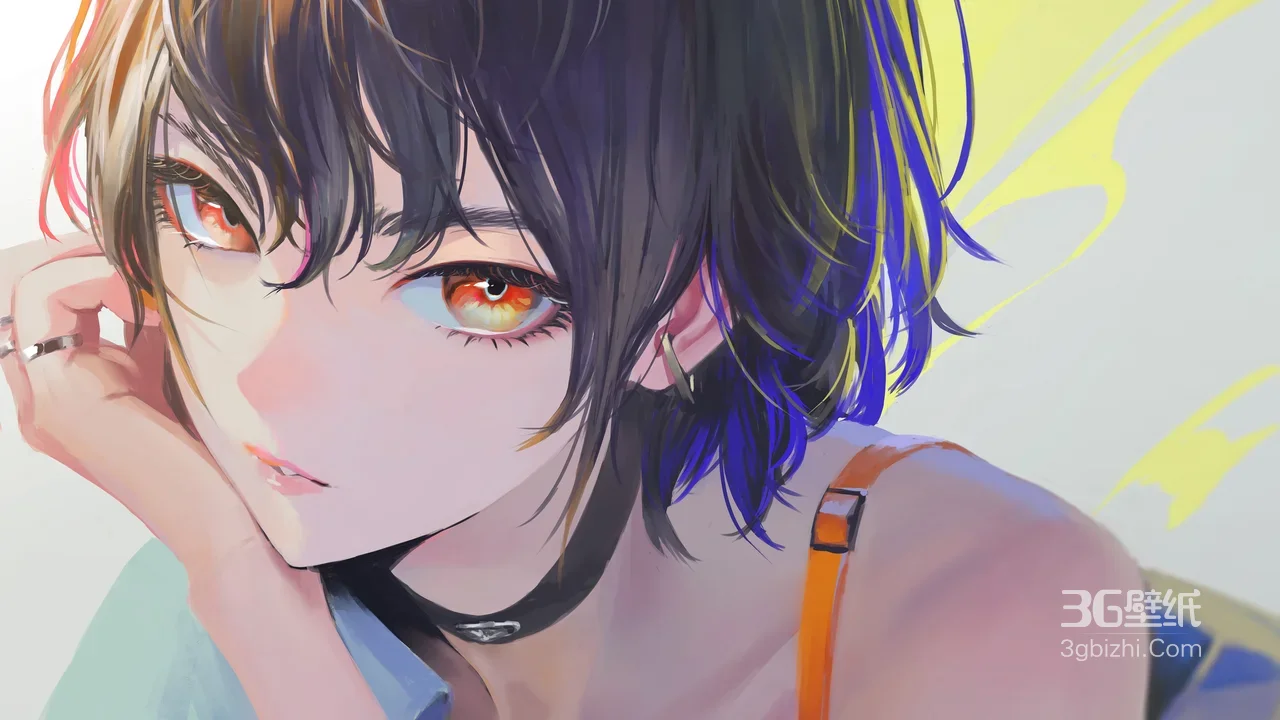 短发美少女·橙红眼眸 日系插画风原创 高人气宽屏桌面背景1