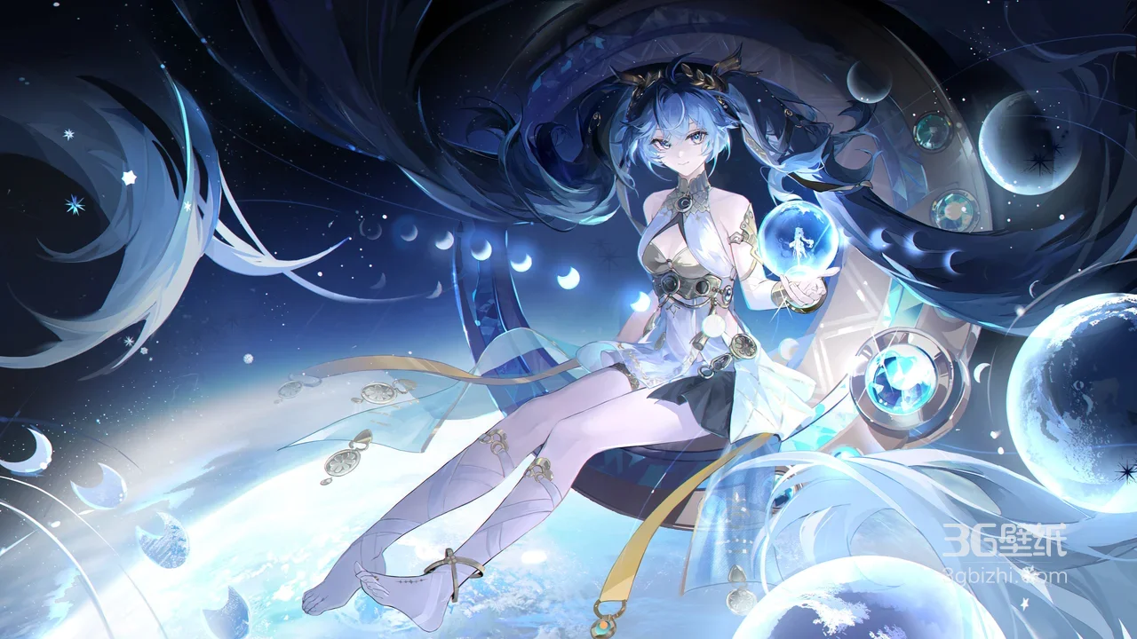 蓝发星灵少女·梦幻星空 二次元唯美电脑壁纸1