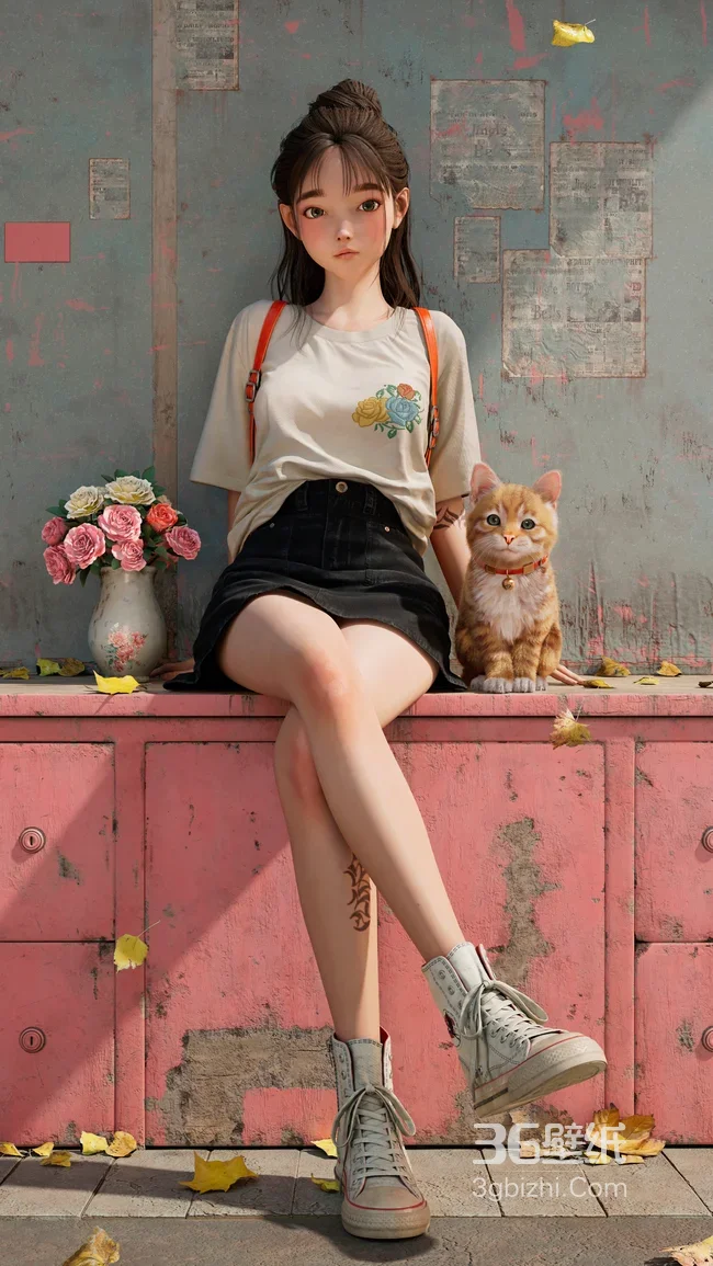 复古穿搭女孩与橘猫 写实治愈3D手机壁纸1