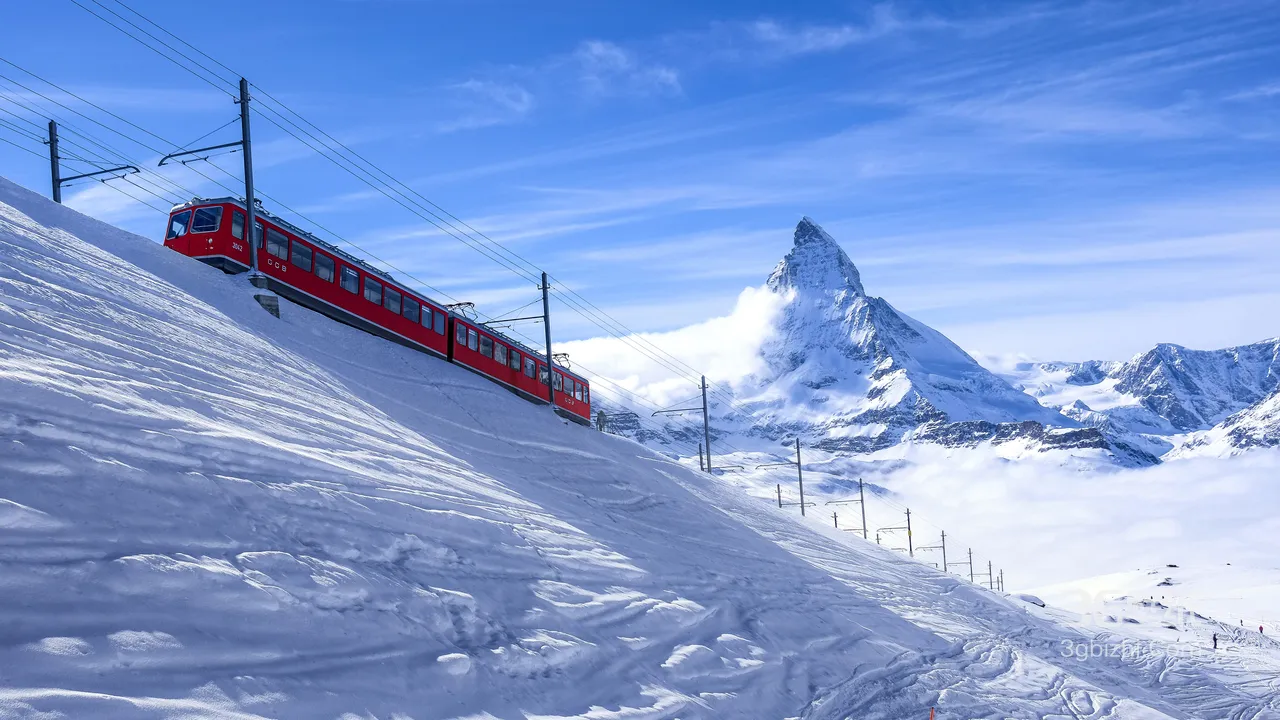 马特洪峰·红色火车雪景 写实唯美风 阿尔卑斯电脑壁纸1
