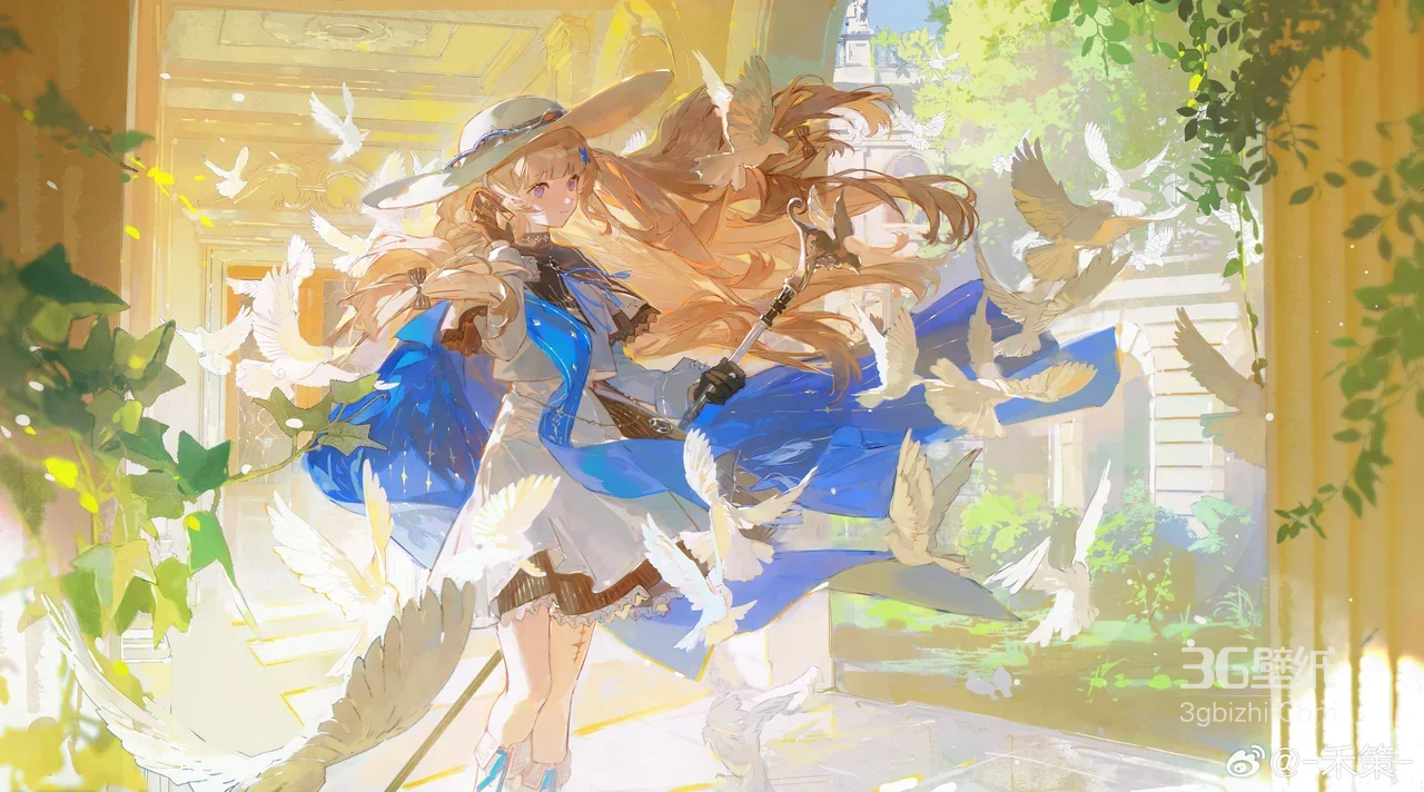 二次元唯美 金发蓝裙少女·白鸽环绕 清新桌面背景1