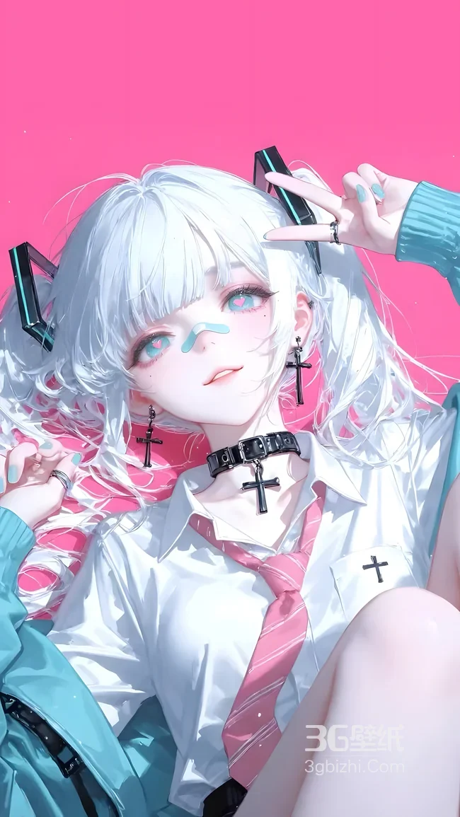二次元白发双马尾少女·十字元素潮酷风 个性手机壁纸1