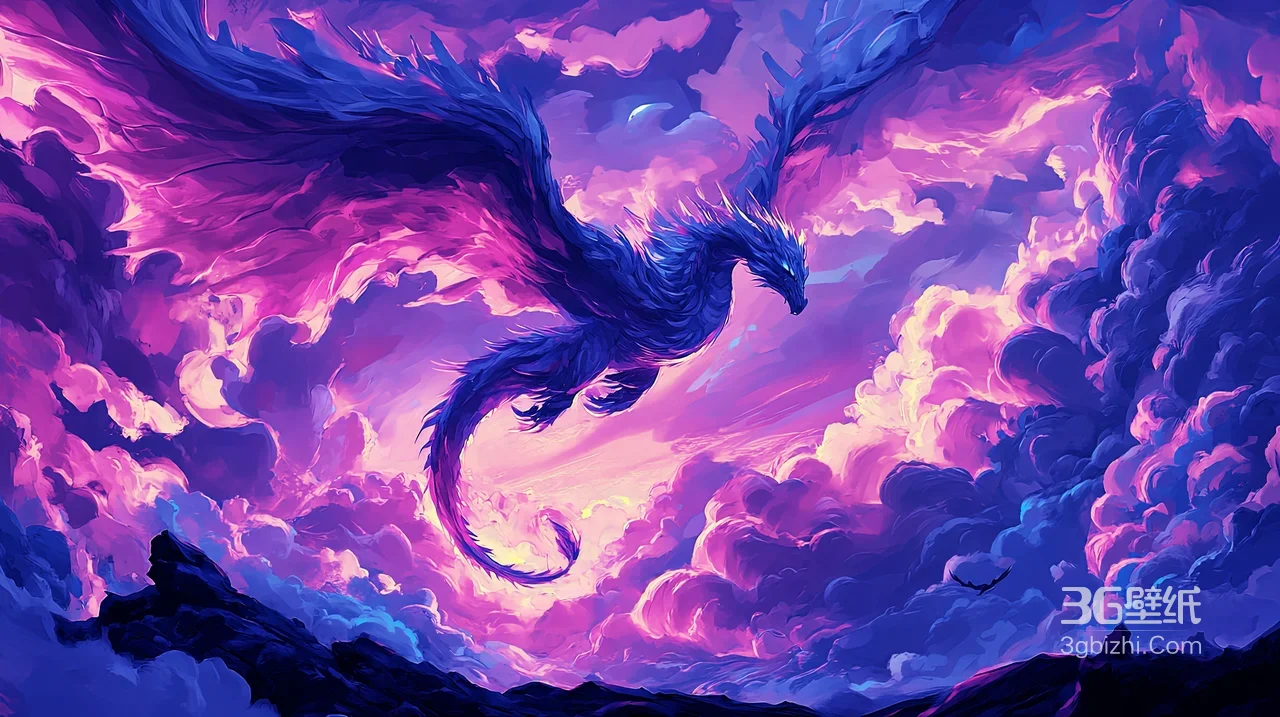 紫蓝飞天龙·唯美梦幻风原创插画 超现实奇幻龙壁纸1