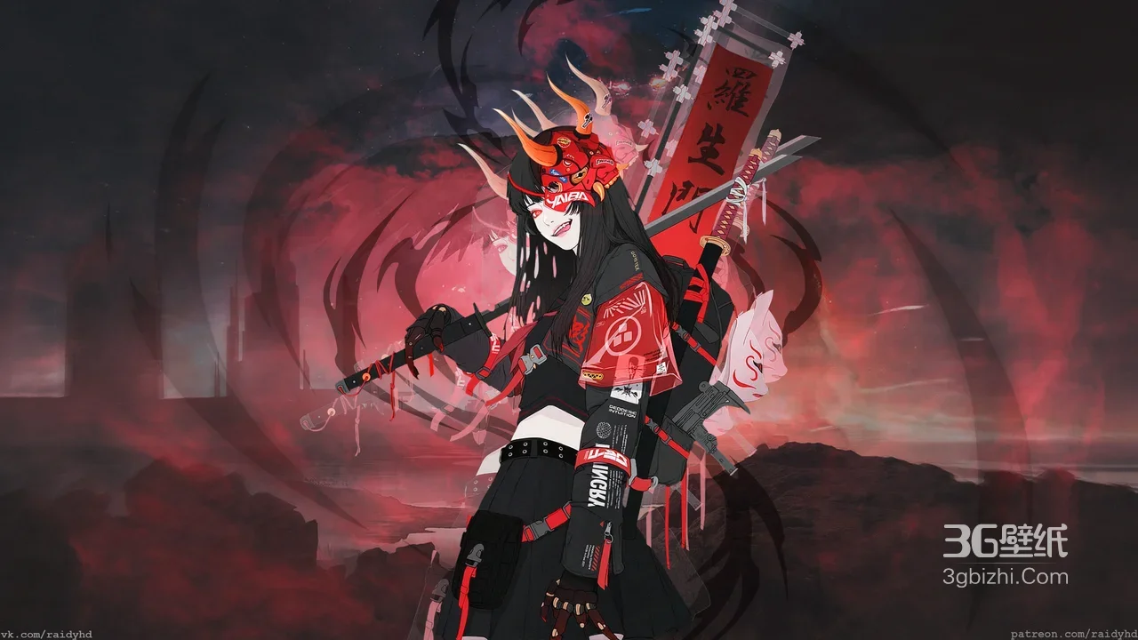 暗黑赛博国风鬼面武士少女·Raidyhd插画 高人气电脑壁纸1