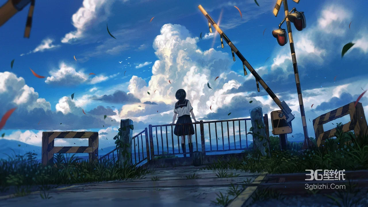 校服少女·铁道口飘叶 日系二次元电脑壁纸1