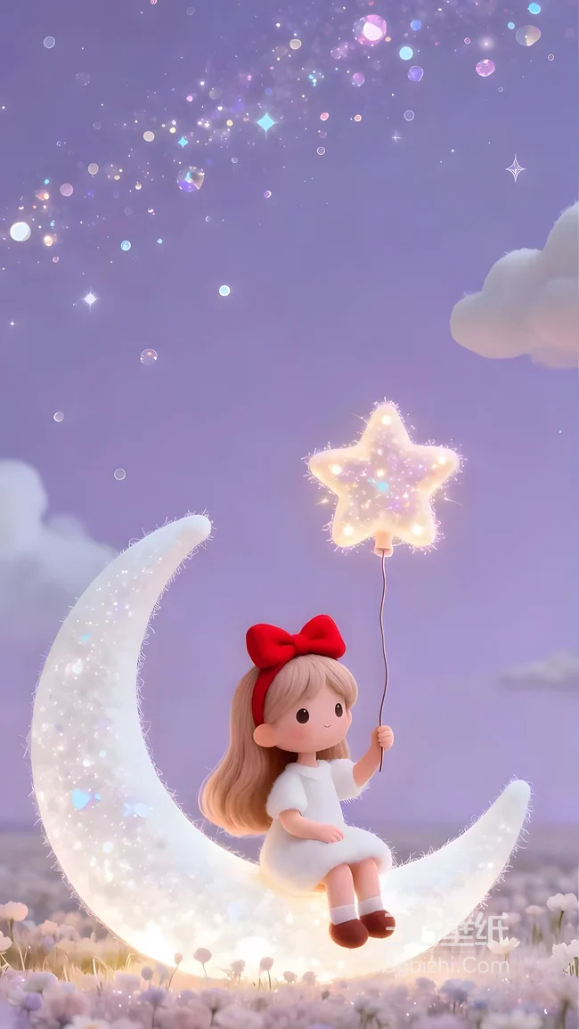 卡通少女·红蝴蝶结坐发光月亮 星星气球梦幻花海手机壁纸1